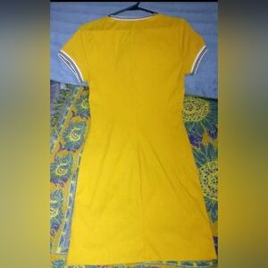 Yellow Ribbed Midi Dress with Contrast Stripe Trim